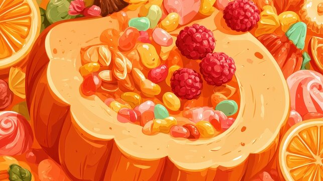 Seasonal squash brimming with colorful desserts taffy pieces citrus chews raspberry sweets jelly beans playful treats flat design top view harvest celebration theme cartoon drawing Split complementary