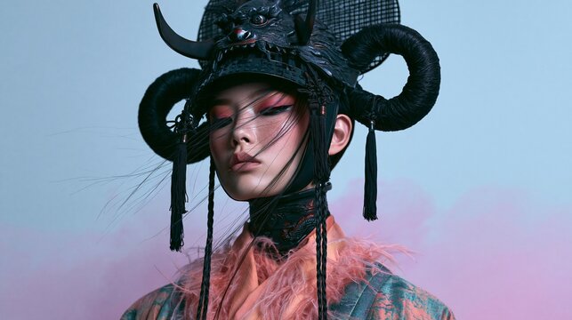 Woman wears an elaborate black horned headdress with hanging cords, facial netting, and pink feathered clothing in a surreal avant-garde fashion portrait.