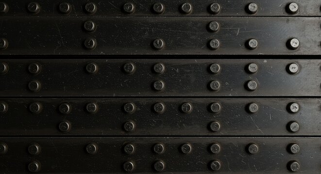 A close-up view of a dense, repeating pattern created by rows of industrial metal rivets securing large plates together, forming a detailed background ,metal background ,grunge ,construction