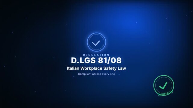 Italian Workplace Safety Law Certification badge corporate compliance motion graphic animation with animated COMPLIANT rubber stamp seal, blue color scheme, 4K