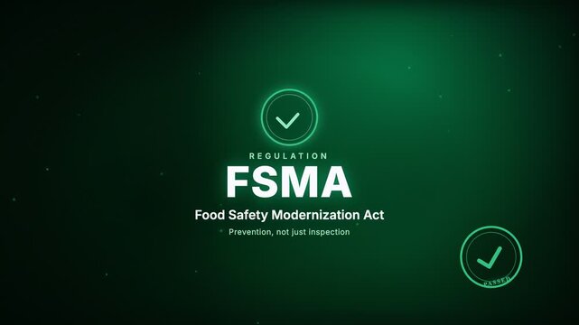 Food Safety Modernization Act Certification badge corporate compliance motion graphic animation with animated PASSED rubber stamp seal, green color scheme, 4K