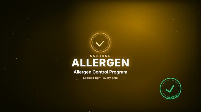 Allergen Control Program Certification badge corporate compliance motion graphic animation with animated APPROVED rubber stamp seal, gold color scheme, 4K