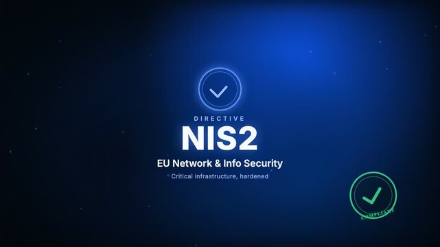 EU Network & Info Security Certification badge corporate compliance motion graphic animation with animated COMPLIANT rubber stamp seal, blue color scheme, 4K