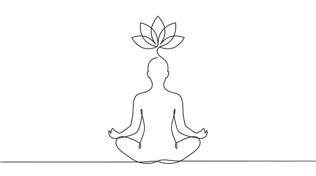 Single line drawing of person in yoga lotus position with lotus flower above their head