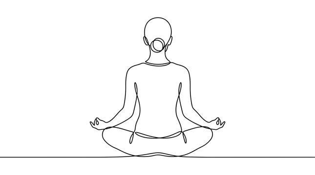 Continuous line art of person meditating in lotus position representing yoga and mindfulness