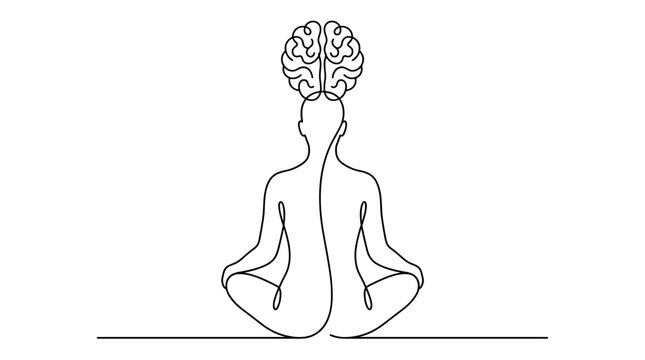 Human back view in lotus yoga position with brain illustration continuous line drawing