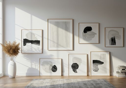 A gallery wall arrangement featuring several framed abstract artworks in a bright interior space with natural light ,office ,decor ,picture