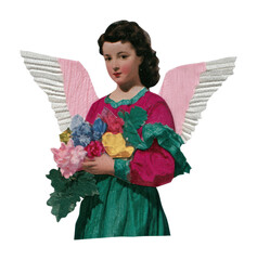Obraz premium PNG Vintage angel with flowers and colorful wings