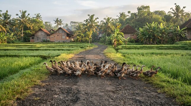 A flock of ducks crossing a peaceful village road surrounded by lush green rice fields and tropical trees in rural Indonesia.