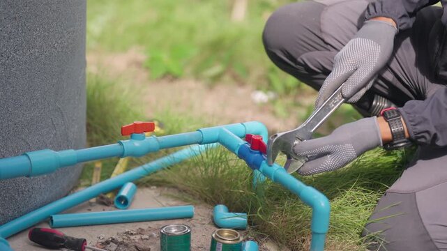 Worker services an outdoor household water supply system with pipes and valves, highlighting plumbing maintenance, residential repair, utility management, and home improvement work.