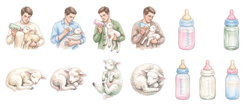 Man bottle feeding baby lamb watercolor set showing a gentle farmer caring for cute sleeping sheep and feeding milk bottles in a cute livestock animal care clip art collection isolated set.