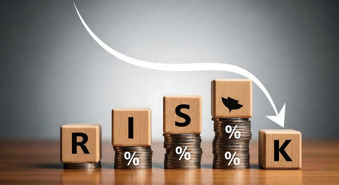 Financial risk decreasing with coins and blocks spelling out RISK.