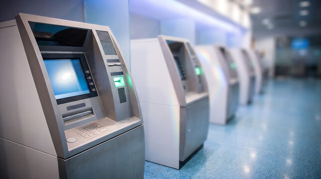 Series of sleek bank automated teller machines aligned perfectly in bright minimalist office lobby setting representing seamless digital money processing and transactions.