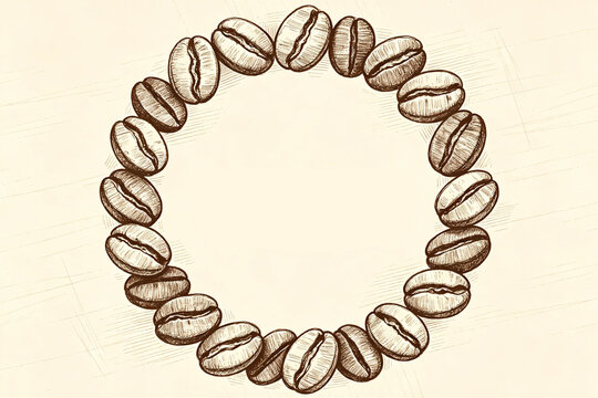 Hand-drawn sketch of roasted coffee beans arranged in a circular wreath frame on aged off-white textured paper with brown hatching shading.