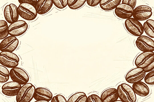Vintage hand‑sketched coffee beans form a circular wreath border, leaving blank copy space in center on cream textured paper.