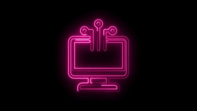 Glowing neon pink computer icon with circuit board elements and data flow lines on black