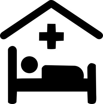 Patient safety icon featuring a person in a hospital bed under a medical cross house symbol design