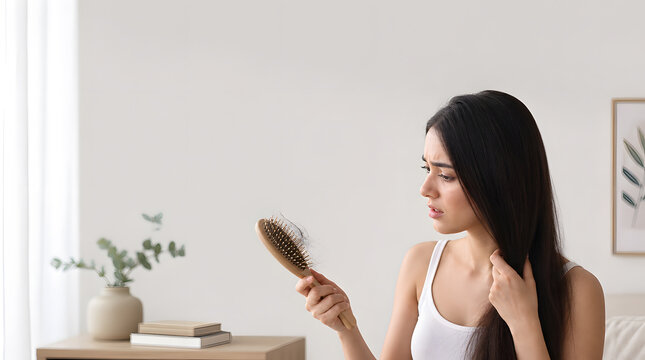 Stressed Young Woman Concerned About Excessive Hair Fall While Examining Her Hairbrush After Daily Grooming Routine In A Bright Bedroom Setting