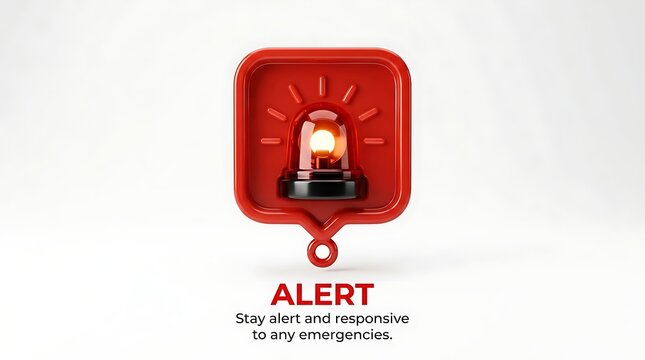 3D red emergency alert notification icon displaying glowing siren for hazard and danger awareness