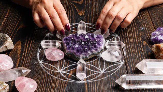 Crystal grid layout with amethyst geode and quartz stones on wooden table. Scene represents energy healing, reiki, chakra balancing, and spiritual rituals