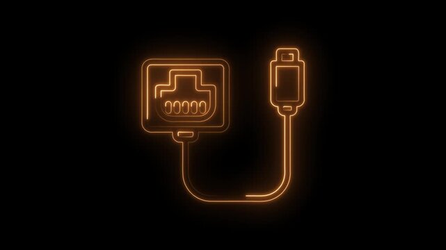 Glowing orange neon network cable and connector icon on black background representing