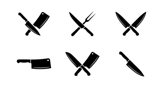 Set of 6 Black Kitchen Knives and Utensils Icons, Butcher Cleaver and Carving Fork Vector Graphics