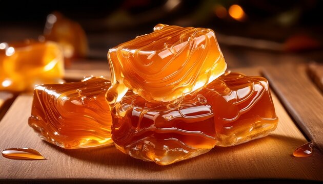 Macro Shot Of Golden Maple Taffy Pulled Into Glossy Amber Strands Lit By Warm Cinematic Light Over Blurred Wood Clean Negative Space Ideal For Gourmet Magazines Bakery Ads And Culinary Branding