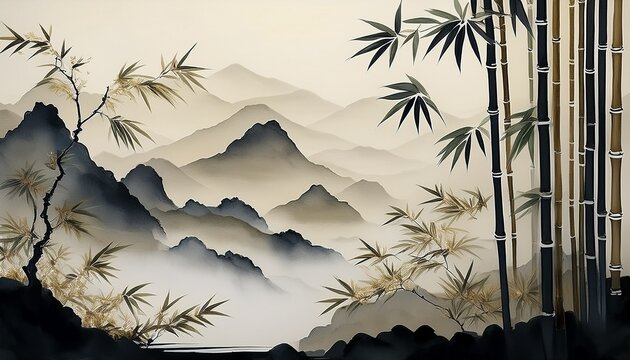 Bamboo And Misty Mountains Traditional Oriental Ink Painting Sumi E U Sin Go Hua Minimalist Illustration
