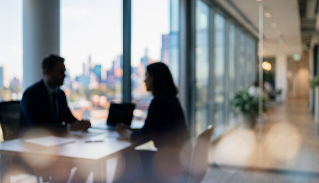 A business meeting occurs in a modern office environment with large windows showcasing a city skyline. Two professionals engage in discussion at a table.
