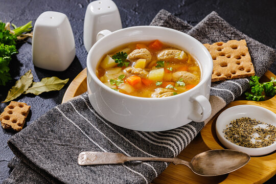 Clear American chicken meatball soup with veggies