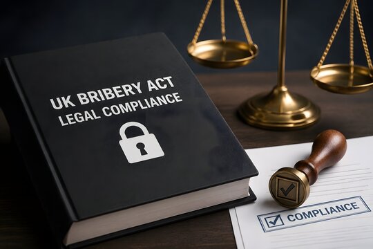 UK Bribery Act Legal Compliance Book with a Stamp and Scales of Justice