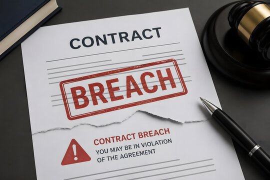 Contract with a Breach stamp and an alert symbol, representing legal disagreement and dispute.