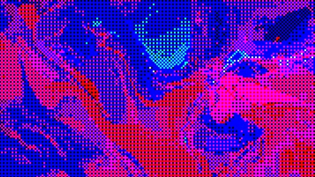 Abstract neon pink and blue halftone dot matrix background texture.