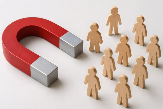 A horseshoe magnet attracting small figures of people for the concept of attracting clients or customers.