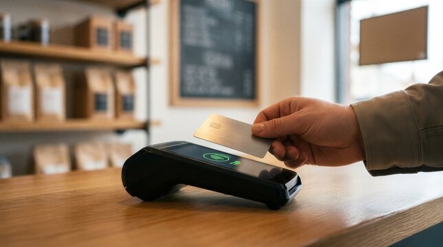Hand Tapping Blank Metallic Contactless Credit Card on Payment Terminal