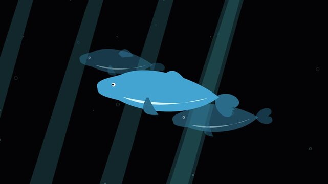 Stylized 2D animated blue fish swimming in dark deep ocean water