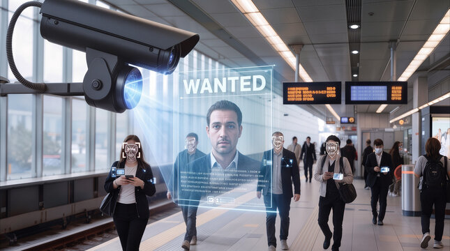 Surveillance camera using facial recognition technology to identify wanted person in crowded public transport station. Security system scanning commuters for law enforcement purposes.