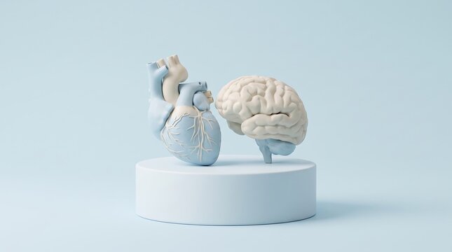 Minimalist world mental health day illustration featuring human brain and heart models on a podium