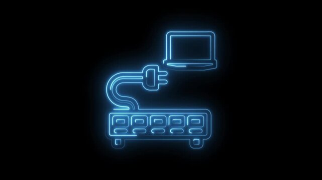 Glowing blue neon outline of a laptop connected by a cable to a server rack or power strip on icon