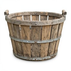 Fototapeta premium Rustic wooden barrel planter for home decor. Vintage oak half barrel used as garden container or rustic centerpiece.