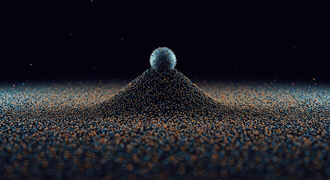 Dynamic background with tiny spheres frozen in position, illustrating a moment of absolute stasis and conceptual suspended time ,timeless ,future ,depth