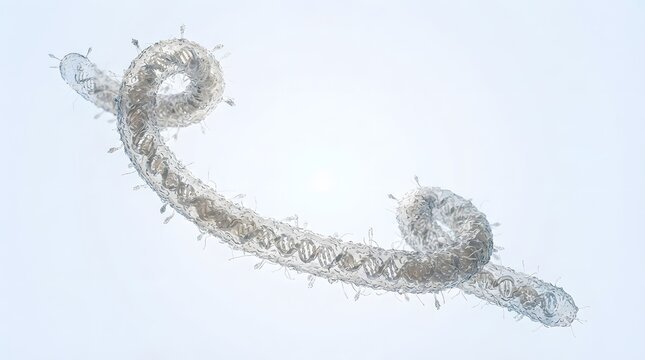 Detailed 3D render of a filamentous virus particle with surface spikes and internal helix, representing a pathogen