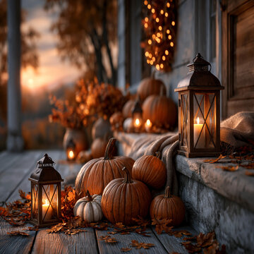 Porch decorated with orange pumpkins and glowing lanterns for autumn harvest