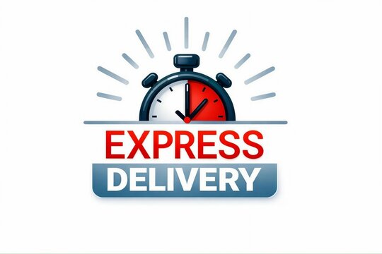Express delivery stopwatch icon with glowing rays and banner text