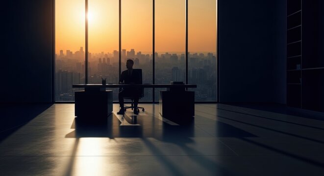 Silhouette of businessman sitting at desk in modern office with city skyline view at sunset