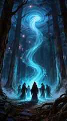Fototapeta premium Cultists summoning magical energy in dark forest. Hooded figures performing mystical ritual with blue swirling light.
