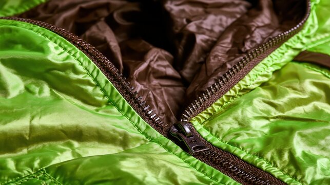 Closeup view of a bright green jacket with a metal zipper and brown lining.