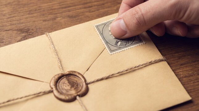 Hand placing a postage stamp on a vintage style envelope
