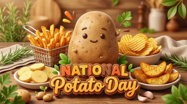 Cartoon Potato With Smiling Face And French Fries 3d Render potatoes fried chip chips spud tuber root vegetable solanum tuberosum animated character illustration