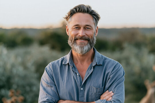Middle-aged man with a beard wearing a blue shirt stands outdoors with arms crossed, smiling against a blurred natural landscape in the background